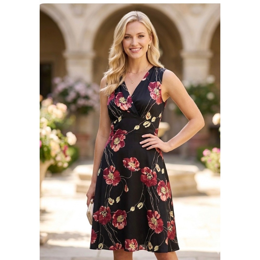 Tommy Bahama Silk Blend Floral Poppy V-Neck Sleeveless Midi Dress Black 6 - Picture 1 of 8